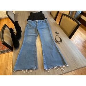 LOFT High Rise Flare Jeans Raw Hem Medium Wash Size 14